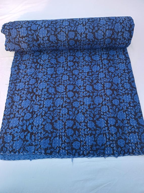 Blue Floral Design Kantha Quilt Handblock Print Blue floral Kantha Indian Netural blue Colour Indian inspired Bedding Hand Stitched Quilted