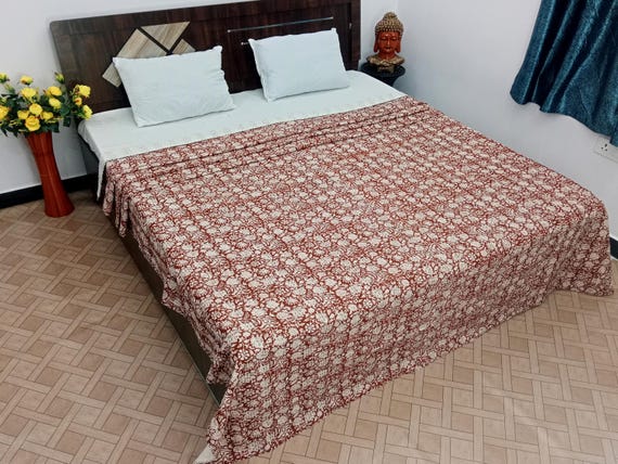 Kantha Quilt Bedding Hand Block Print Floral Blanket Indian Natural Color, Hand-Stitched Rural Kantha Bedding, Ethnic Home Décor Style