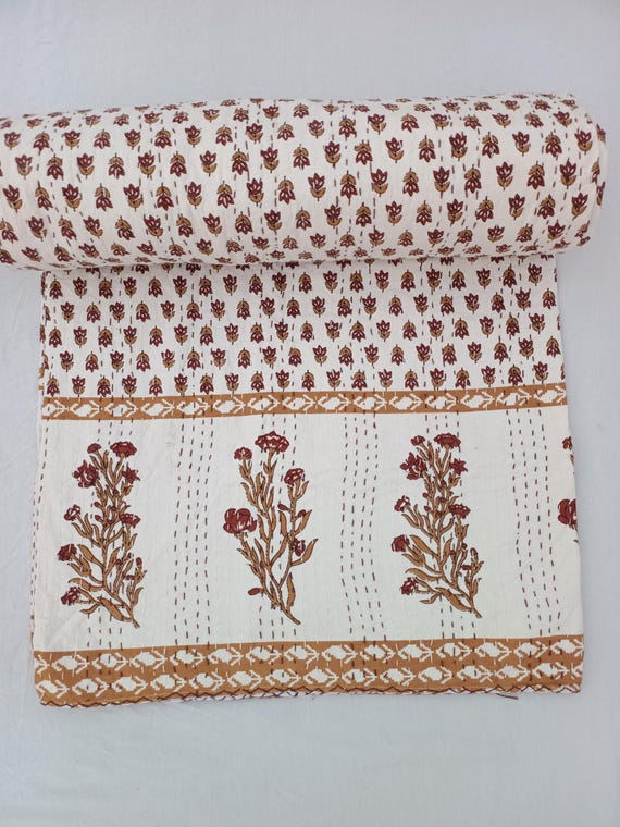Handmade Queen Kantha Quilt | Cotton Block Print Boho Bedding | Indian Floral Patchwork Throw Blanket | Vintage Bohemian Decor