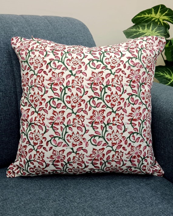 2 Pieces 20x20 inches Handblock print Floral Print Cushion Covers Cotton Fabric 1 pair 20x20 Inches Size Handblock print Natural Colour