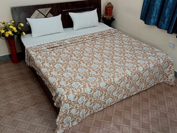 Leaf kantha Quilt Bedspread All size Quilt Indian kantha throw Kantha Block Printed Kantha Blanket Indian Housewarming Gift Bedcover Bedding