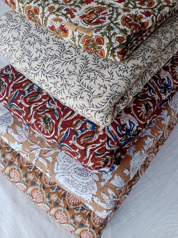 Beige Floral Hand Block Printed Cotton Fabric: Lightweight Upholstery & Crafting