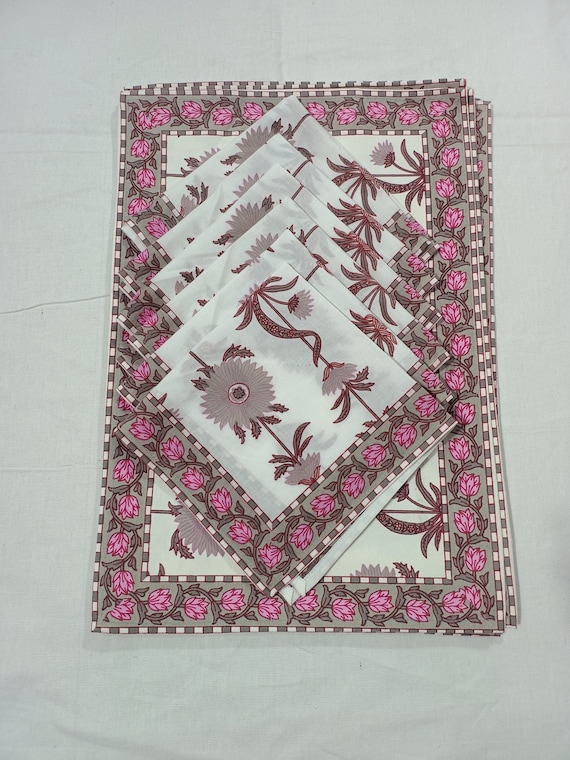 Hand Block Printed Premium Napkins for 6 Seater Matching Table Mat Set, Traditional Table Decor Eco-Friendly Dining Set Valentine's Day Gift