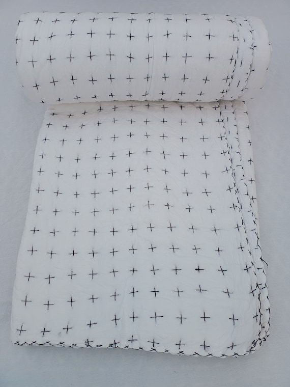 Batting Quilt Reversible Quilt Handmade Cotton Kantha Quilt: Jaipuri Queen Size Warm Quilt