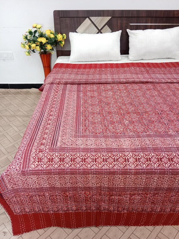 Hand Stitched Ajrak Kantha Quilt, Vintage Block Print, Floral Design