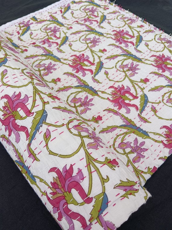 Premium Flower Kantha Quilt King Indian Block Print Floral Quilt, Hand block Floral Print Quilt, Red kantha Soft Cotton Throw, Home Decor