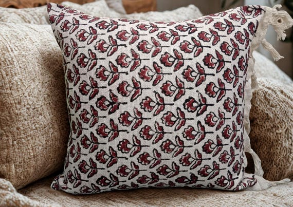 Hand Block Print Pillow Cover: Handmade Cotton Fringe Cushion Pillow Cover 20x20
