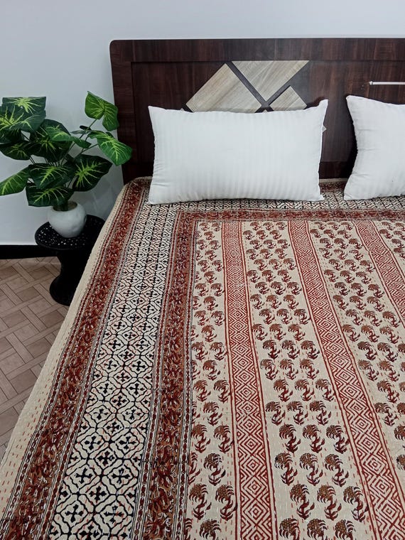 Hand Block Print Kantha Quilt: Floral Indian Blanket Bedding Rare Find, Only 2 pieces Available