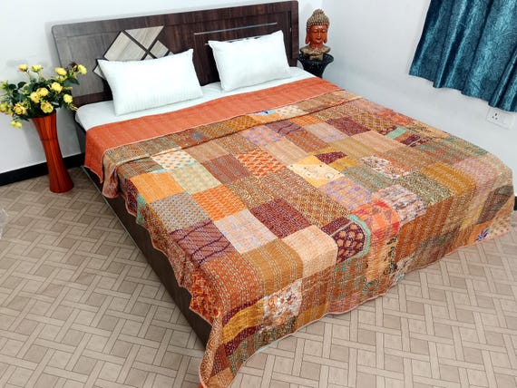 Handmade Patchwork Kantha Quilt: Vintage Indian Bedding  Bedspread