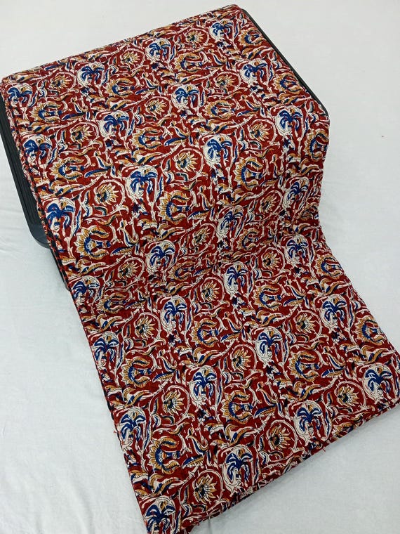 Burgundy Quilt Floral Kantha Quilt: Hand-Stitched Indian Cotton Blanket