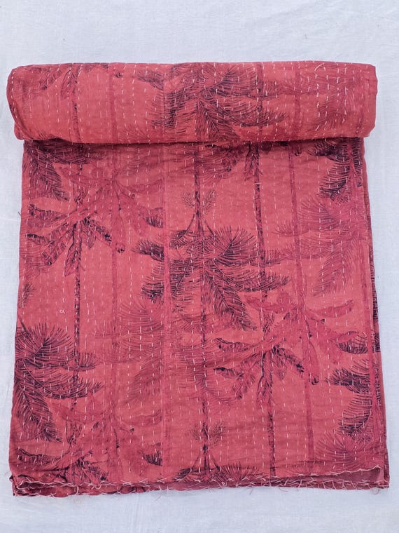 Handmade Kantha Quilt, Vintage Floral Block Print Cotton Bedding, Queen Size Indian Bedspread