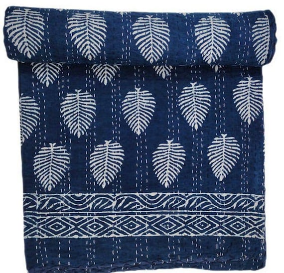 Blue Indigo Leaf print kantha Quilt bordered desingIndian HandBlock Print Bedding Bedspread Full size Queen Quilt Hand Stitched Kantha Quilt