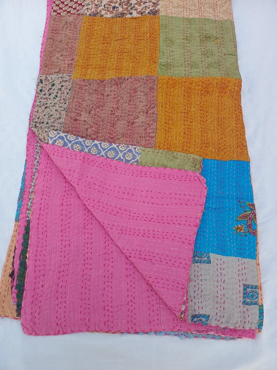 Handmade Patchwork Kantha Quilt: Vintage Indian Bedding Throw