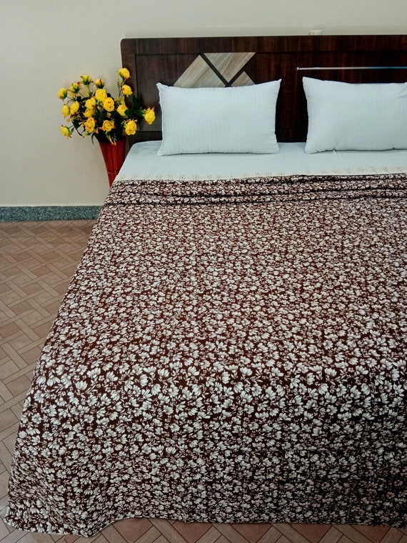 Luxury Chocolate Brown Mini Kantha Quilt, Exquisite Hand Block Floral Print, Indian Natural Color & Vegetable Dye, Hand Stitched Bedding