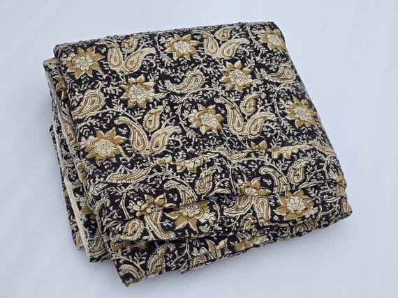 Bagru Floral Kantha Quilt: Handblock Print Indian Cotton Bedding