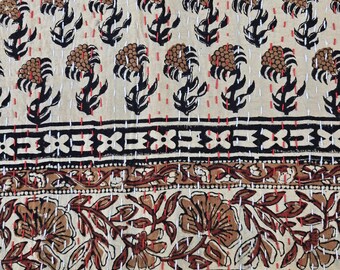 Edredón Kantha floral hecho a mano, ropa de cama con estampado de bloques vintage