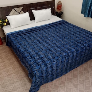 Blue Floral Design Kantha Quilt Handblock Print Blue floral Kantha Indian Netural blue Colour Indian inspired Bedding Hand Stitched Quilted