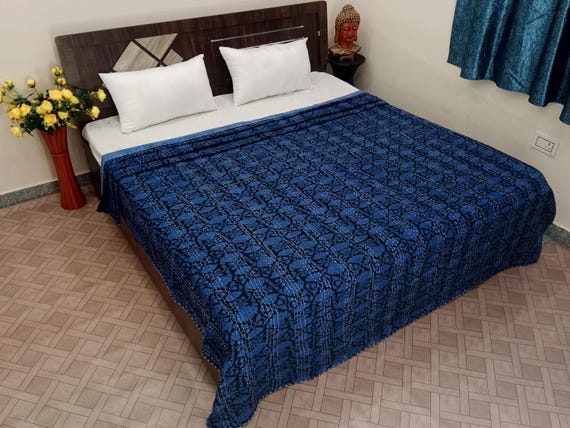 Blue Floral Design Kantha Quilt Handblock Print Blue floral Kantha Indian Netural blue Colour Indian inspired Bedding Hand Stitched Quilted