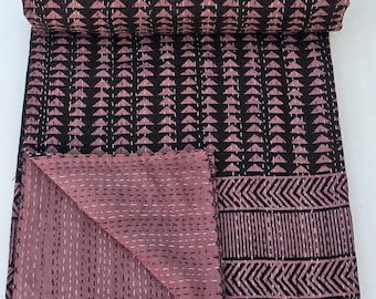 Edredón Kantha con estampado floral, cubrecama vintage de algodón cosido a mano, cubrecama bohemio indio, tamaño Queen, manta Kantha hecha a mano