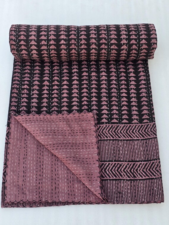 Floral Block Print Kantha Quilt, Vintage Design, Hand Stitched