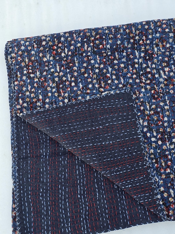 Handmade Indigo Kantha Quilt, Vintage Floral Block Print Bedding Vintage Bedding Quilt Gorgeous Quilt that has the Perfect Vintage look