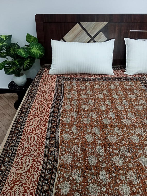 Hand Block Print Kantha Quilt: Floral Indian Cotton Bedding