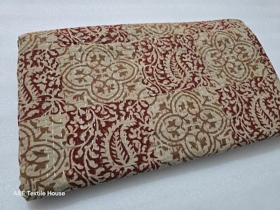 Kantha Quilt Bedding Hand Block Print Floral Blanket Indian Natural Color, Hand-Stitched Rural Kantha Bedding, Ethnic Home Décor Style