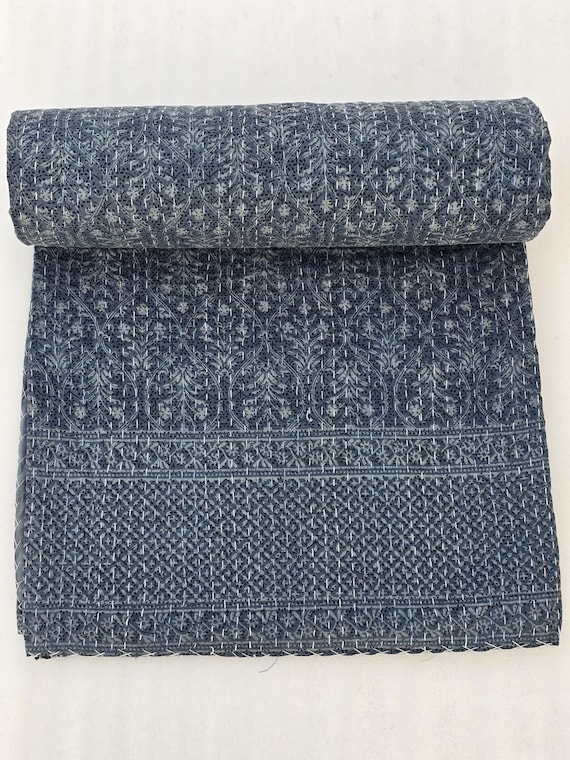 Handmade Kantha Quilt, Vintage Brown Bedding Vintage Floral Block Print Brown Bedding Gorgeous quilt that has the Perfect Vintage Look