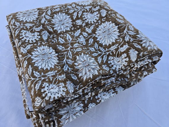 Premium Brown Earthen Cotton Kantha Quilt, Indian Mud Print Hand Stitched Quilt, Natural Vegetable Dyes Kantha Hand Block Print Home Decor