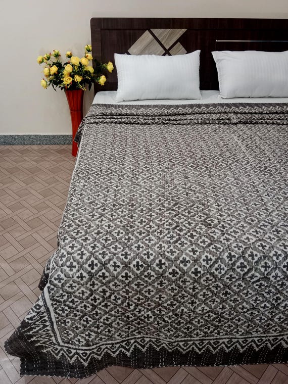 Mud print kantha Quilt Earthen color Kantha Quilt Handblock Print Indian Netural Colour mud print Quilt Hand Stitched Natural vegetable dyes