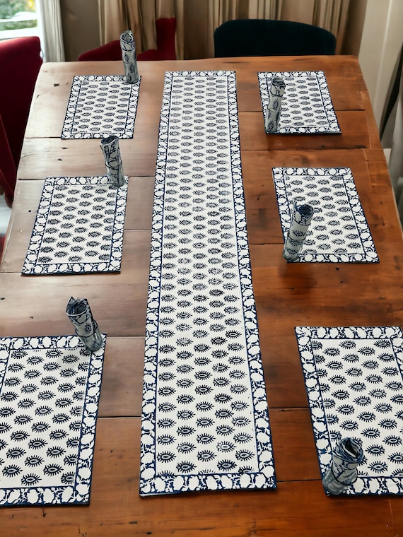 Hand Block Printed Premium Matching Runner With Napkins for 6 Seater with Premium Table Mat Set Hand Block Print