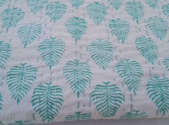 Turquoise Quilt kantha Indian Kantha Quilt  HandBlock Turquoise color Leaf Print Green Leaf Bedding Bedspread Full size Soft  Leaf Quilt