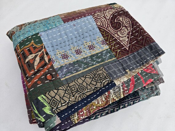 Indian Silk Patola Patchwork Handmade Kantha Quilt Assorted Patchwork Kantha Handmade Vintage Quilts Assorted Vintage style vintage design