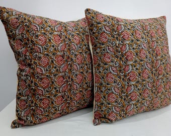 Floral Hand Block Print Cotton Pillow Cover: Handmade Kantha Stitch