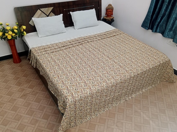 Kantha Quilt Bedding Hand Block Print Floral Blanket Indian Natural Color, Hand-Stitched Rural Kantha Bedding, Ethnic Home Décor Style