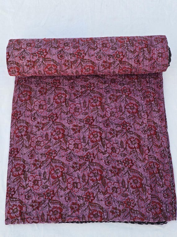 Floral Kantha Quilt, Vintage Block Print Bedding, Handmade Cotton Bedspread