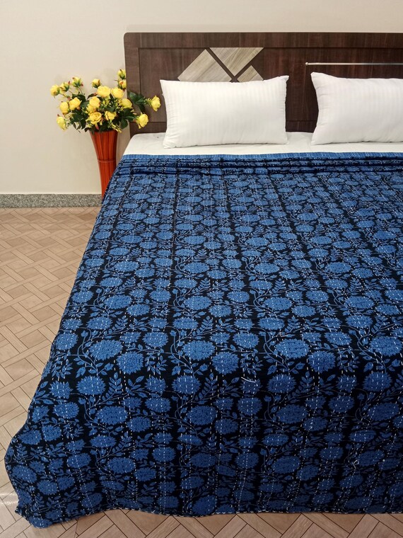 Blue Floral Design Kantha Quilt Handblock Print Blue floral Kantha Indian Netural blue Colour Indian inspired Bedding Hand Stitched Quilted