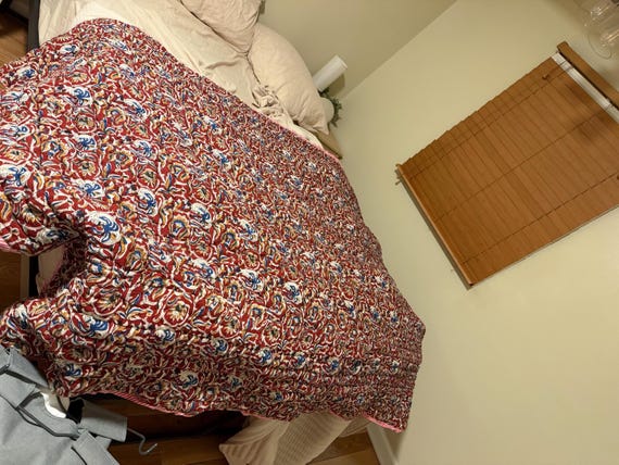 Winter Warm Handmade Burgundy Batting Quilt Reversible Floral Block Print, Cotton Filled