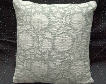 Hand Block Print Pillow Cover: Grey Floral Kantha Stitched Cotton
