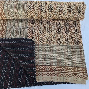 Kantha Quilt Bettwäsche Handblockdruck Blumendecke, indische natürliche Farbe, handgenähte ländliche Kantha-Bettwäsche, ethnischer Wohnkulturstil