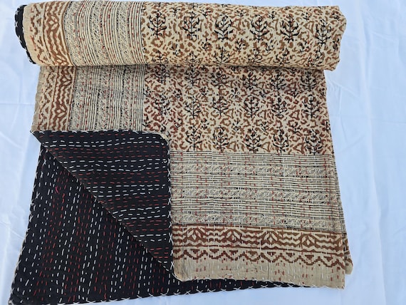 Kantha Quilt Bedding Hand Block Print Floral Blanket, Indian Natural Color, Hand-Stitched Rural Kantha Bedding, Ethnic Home Décor Style