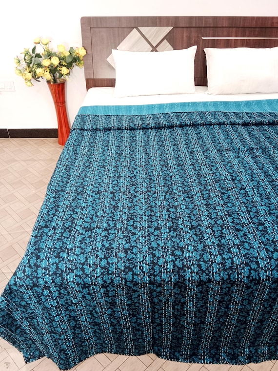 Handmade Kantha Quilt, Vintage Floral Block Print Bedding Vintage Bedding Quilt Gorgeous Quilt that has the Perfect Vintage look