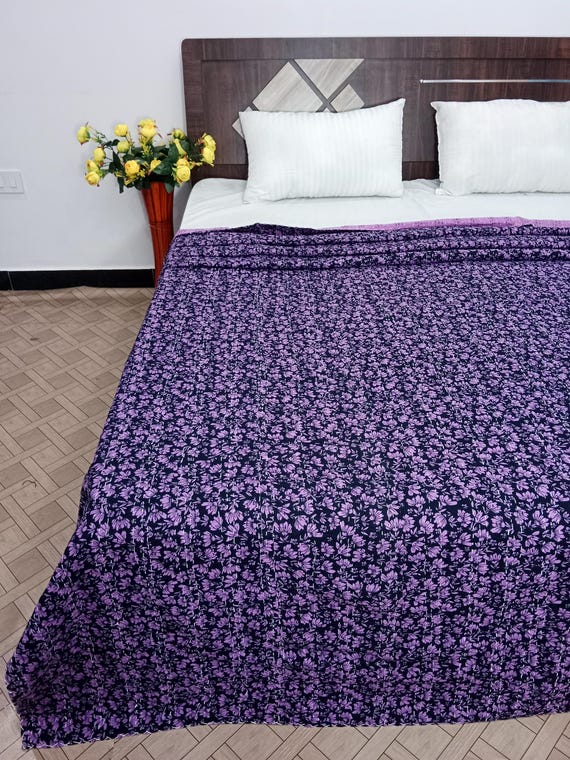 Luxury Indian Purple flower Kantha Quilt Bedding Indian print Floral Bedspread Queen Throw Cotton Blankets purple bed sheets bedding