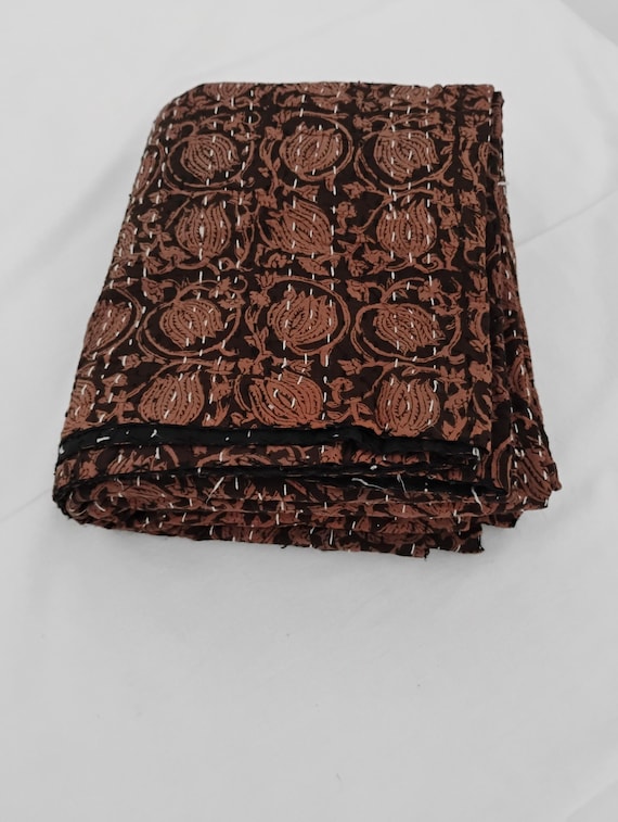 Chocolate Brown Floral Kantha Quilt: Hand Stitched Indian Cotton