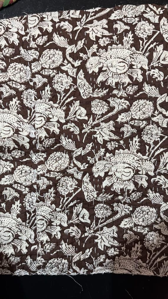 Dark Brown Kantha Quilt Block Print Indian Cotton Throw Coffee Colour Two-Layer Hand-Stitched Blanket, Vintage Style