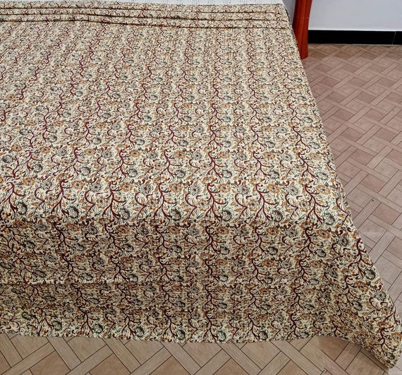 Hand Block Print Kantha Throw Blanket: Floral Indian Cotton Bedding