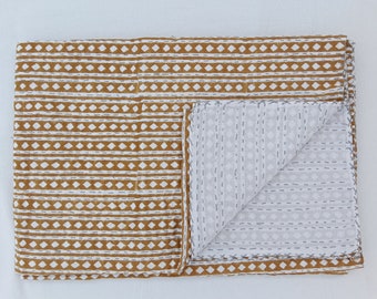 Striped Mustard Kantha Quilt, Handblock Print Indian Bedspread, Cotton Patchwork, Floral Design, Vintage Kantha, Handmade Quilts, Queen Size