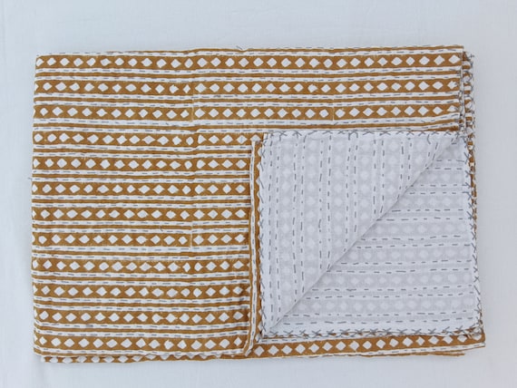 Striped Mustard Kantha Quilt, Handblock Print Indian Bedspread, Cotton Patchwork, Floral Design, Vintage Kantha, Handmade Quilts, Queen Size