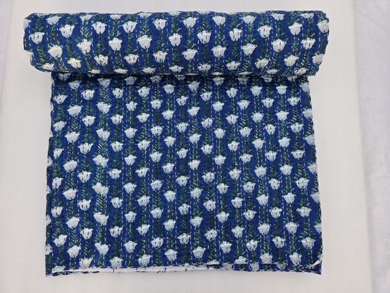 Kantha Quilt Bedding Hand Block Print Floral Blanket Indian Natural Color, Hand-Stitched Rural Kantha Bedding, Ethnic Home Décor Style