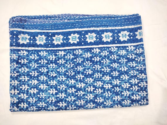 Indigo Kantha Quilt: Hand Block Print Floral Cotton Bedspread